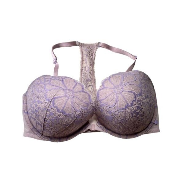 Victoria’s Secret Purple Lace Floral Racer Back Front Clasp Push-up Padded 34DD - Picture 1 of 8